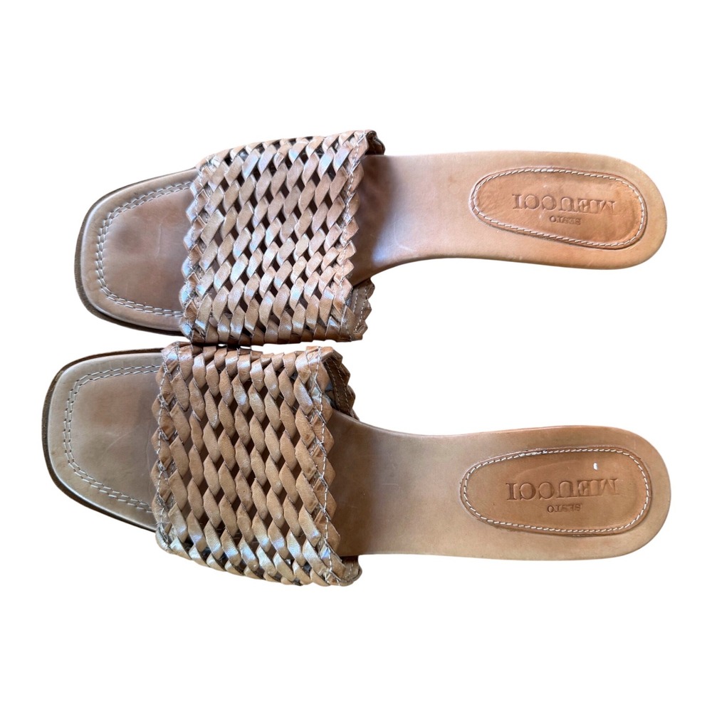 Sesto Meucci Womens Tan Woven Leather Wood Wedge Sandals Made in Italy Size 9